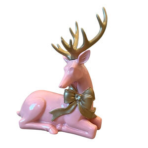Rachel Zoe Pink Christmas Sitting Reindeer w/ Gold  Rhinestone Bow 9x7 NEW